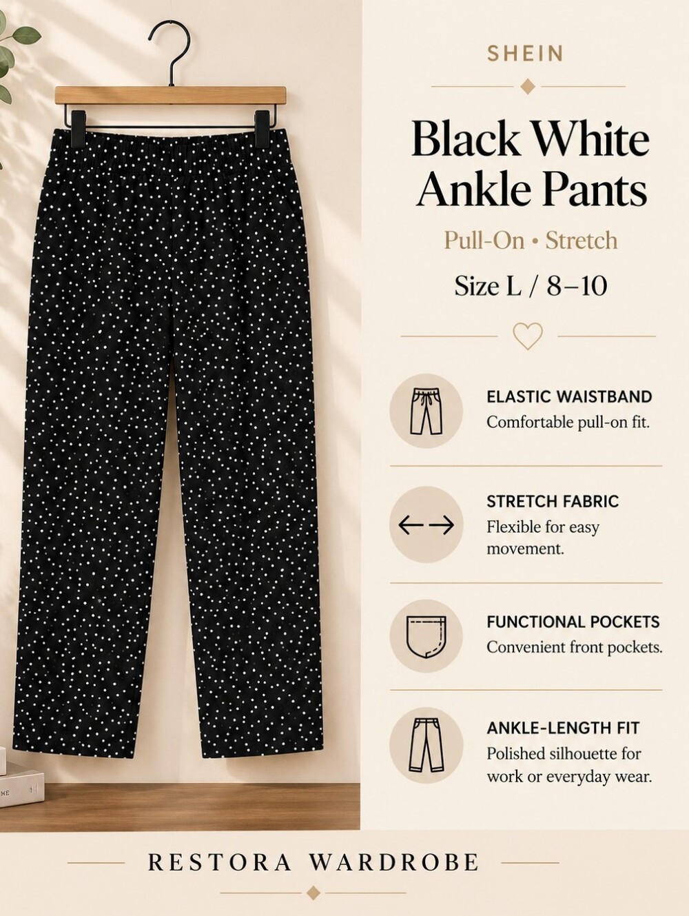 SHEIN Black White Polka Dot Ankle Pants Office Siren Pull On L
